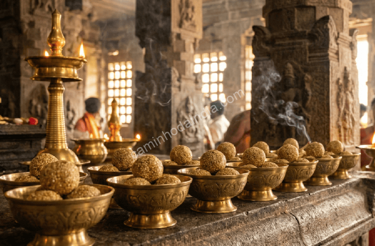 Tilgul cuidadosamente arrumado no templo para ser oferecido como prasad aos devotos  📝 Captio