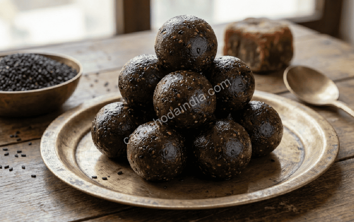 Tilgul preparado com gergelim preto e rapadura, formando esferas doces e aromáticas