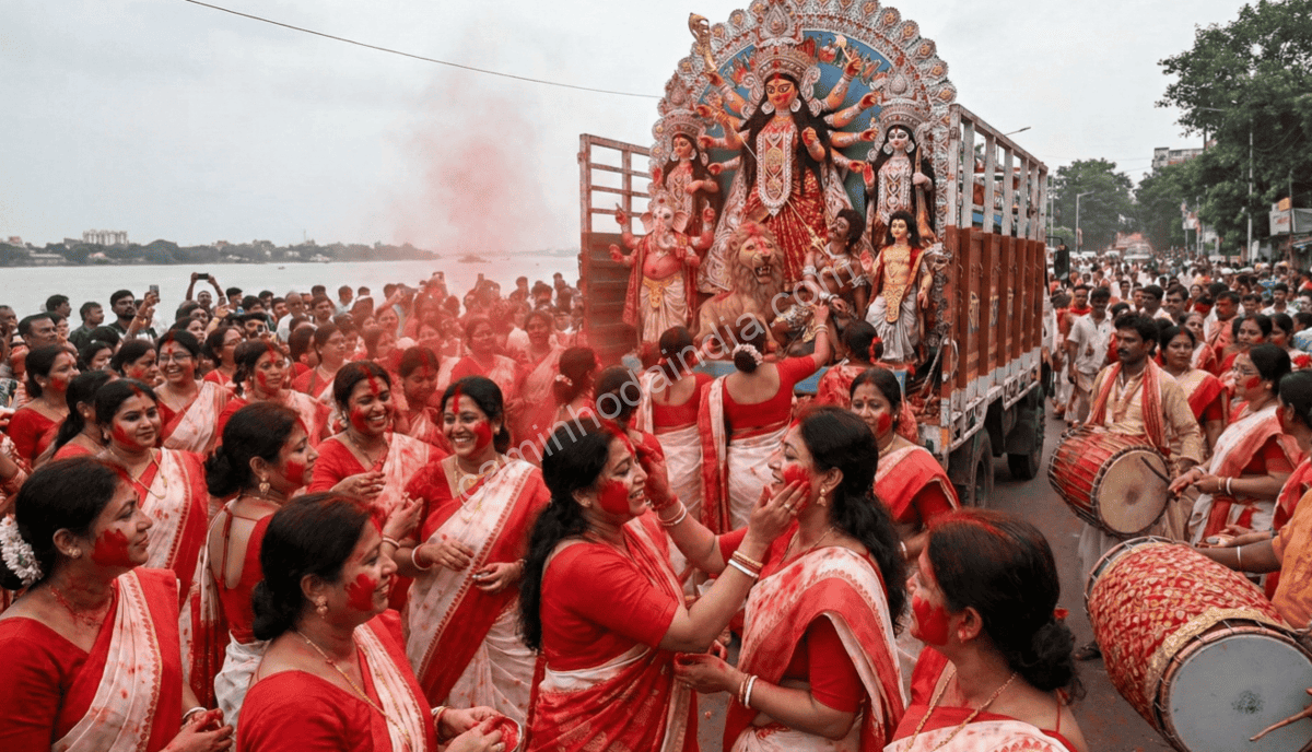 Visarjan de Durga com mulheres celebrando o Sindoor Khela