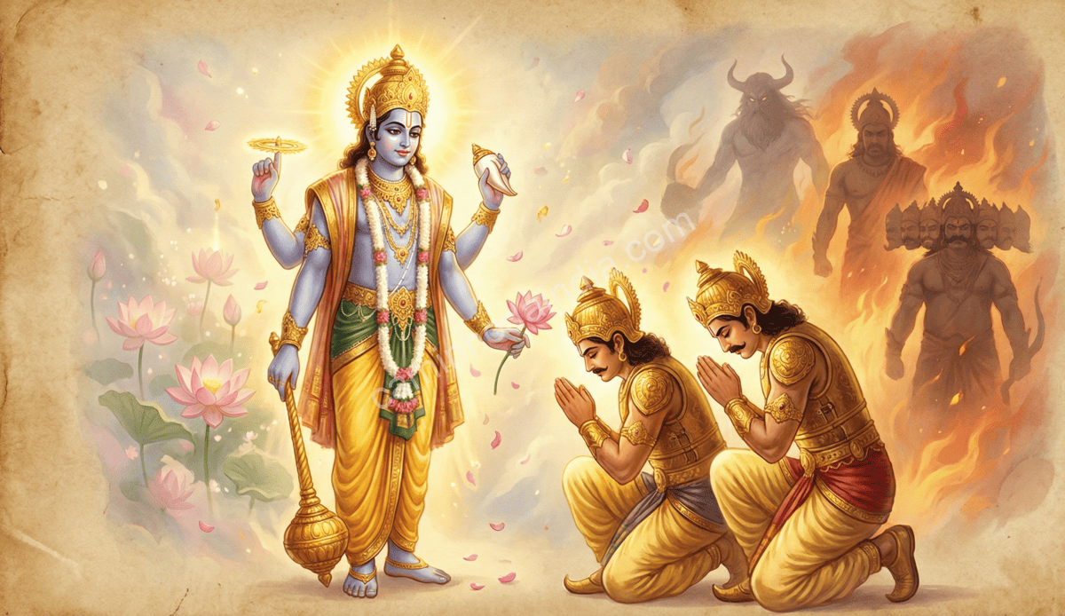 Vishnu oferecendo opções a Jaya e Vijaya após receberem a maldição dos Kumaras