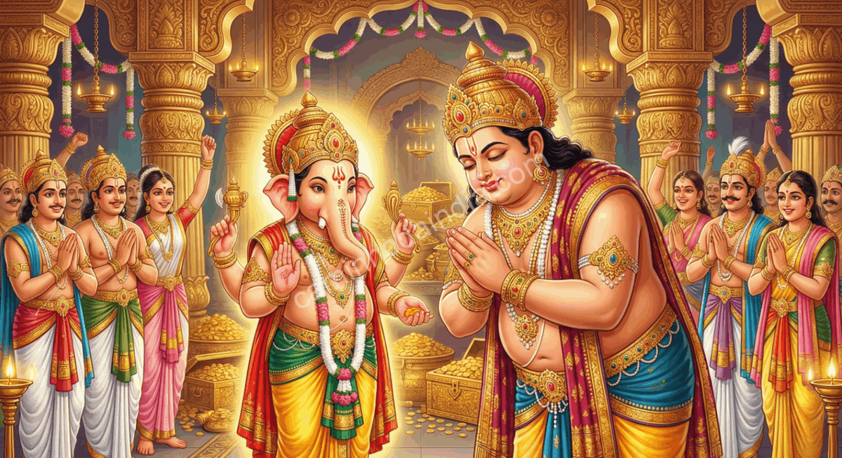 ganapati-abencoa-kubera-fome-saciada Ganapati abençoando Kubera após ter sua fome plenamente satisfeita