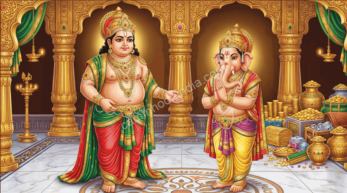 kubera-recepciona-ganesha-palacio-riquezas Kubera recebendo Ganesha em seu palácio repleto de riquezas