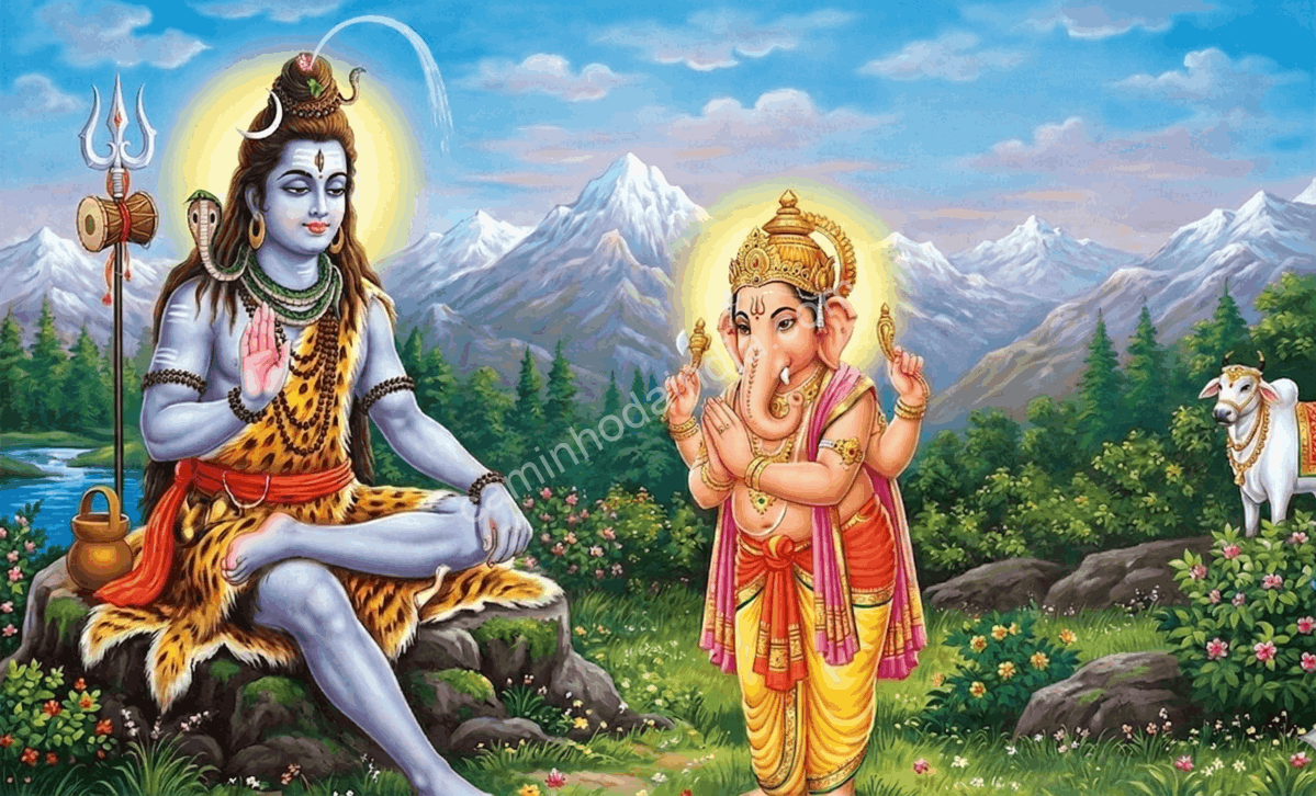 shiva-orienta-ganapati-visitar-banquete-kubera Shiva instruindo Ganapati a visitar o banquete de Kubera em seu nome