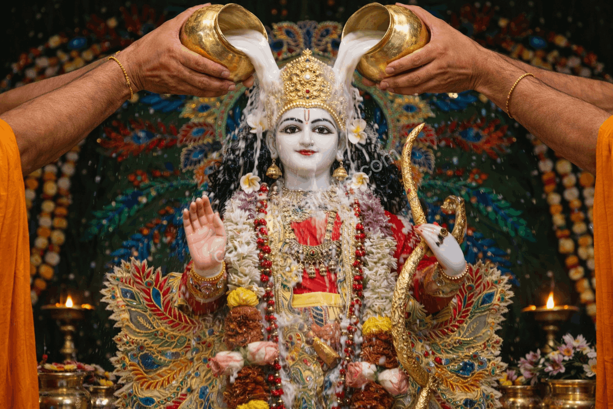 abhisheka-rama-templo-ram-navami-india Sacerdotes realizando abhisheka em ídolo de Rama durante o festival de Ram Navami em um templo hindu
