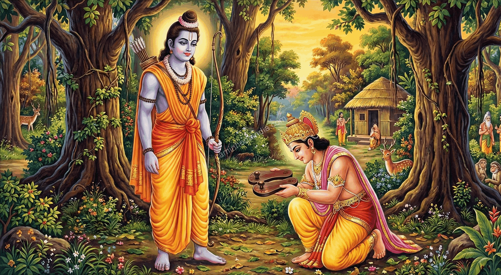 bharata-inclinando-se-diante-de-rama-e-recolhendo-sandalias Bharata inclina-se diante de Maryada Purushottama Rama na floresta e recolhe suas sandálias com reverência