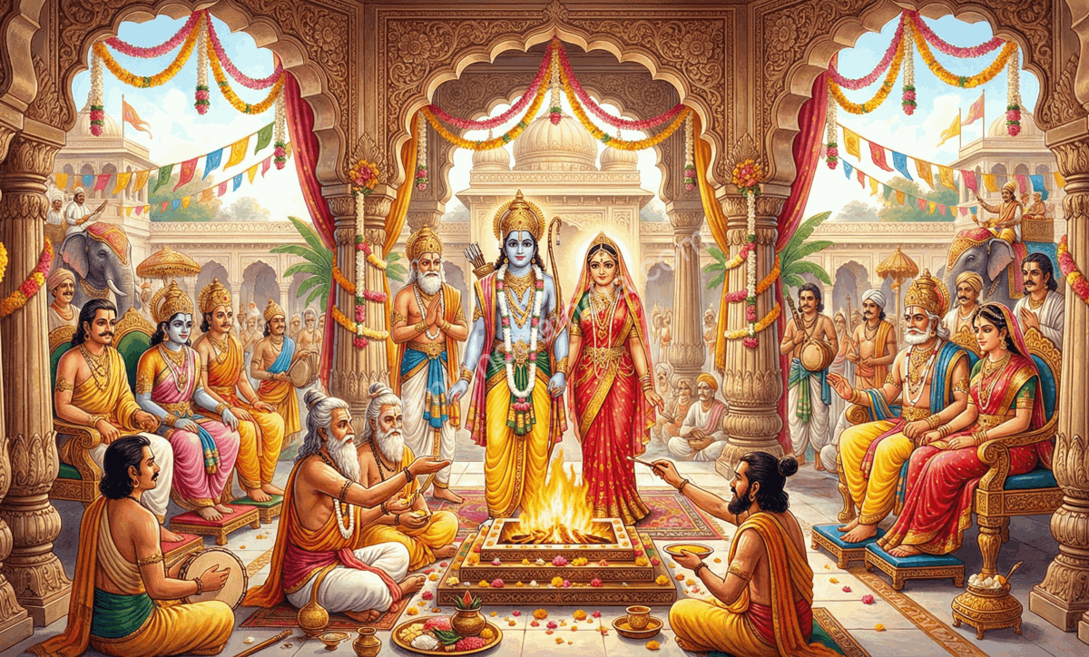 casamento-de-rama-e-sita-no-palacio Rama e Sita durante a cerimônia de casamento no palácio real de Mithila