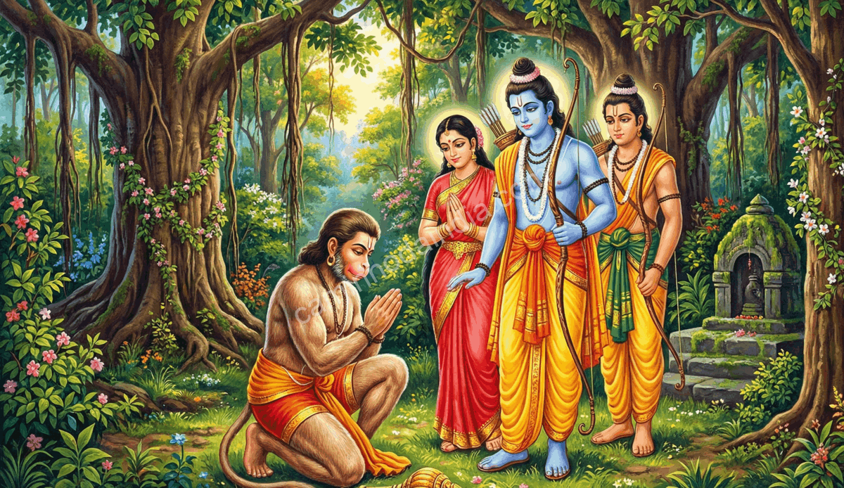 hanuman-curvando-se-diante-de-rama-lakshmana-e-sita Hanuman presta reverência a Rama, Lakshmana e Sita, simbolizando devoção absoluta, serviço fiel e humildade diante do dharma