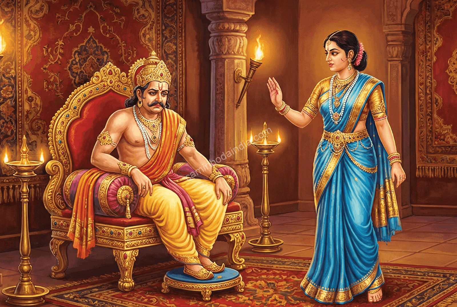 kaikeyi-pedindo-boes-dasharatha-exilio-de-rama Kaikeyi pede ao rei Dasharatha que cumpra as promessas feitas, solicitando a coroação de Bharata e o exílio de Rama