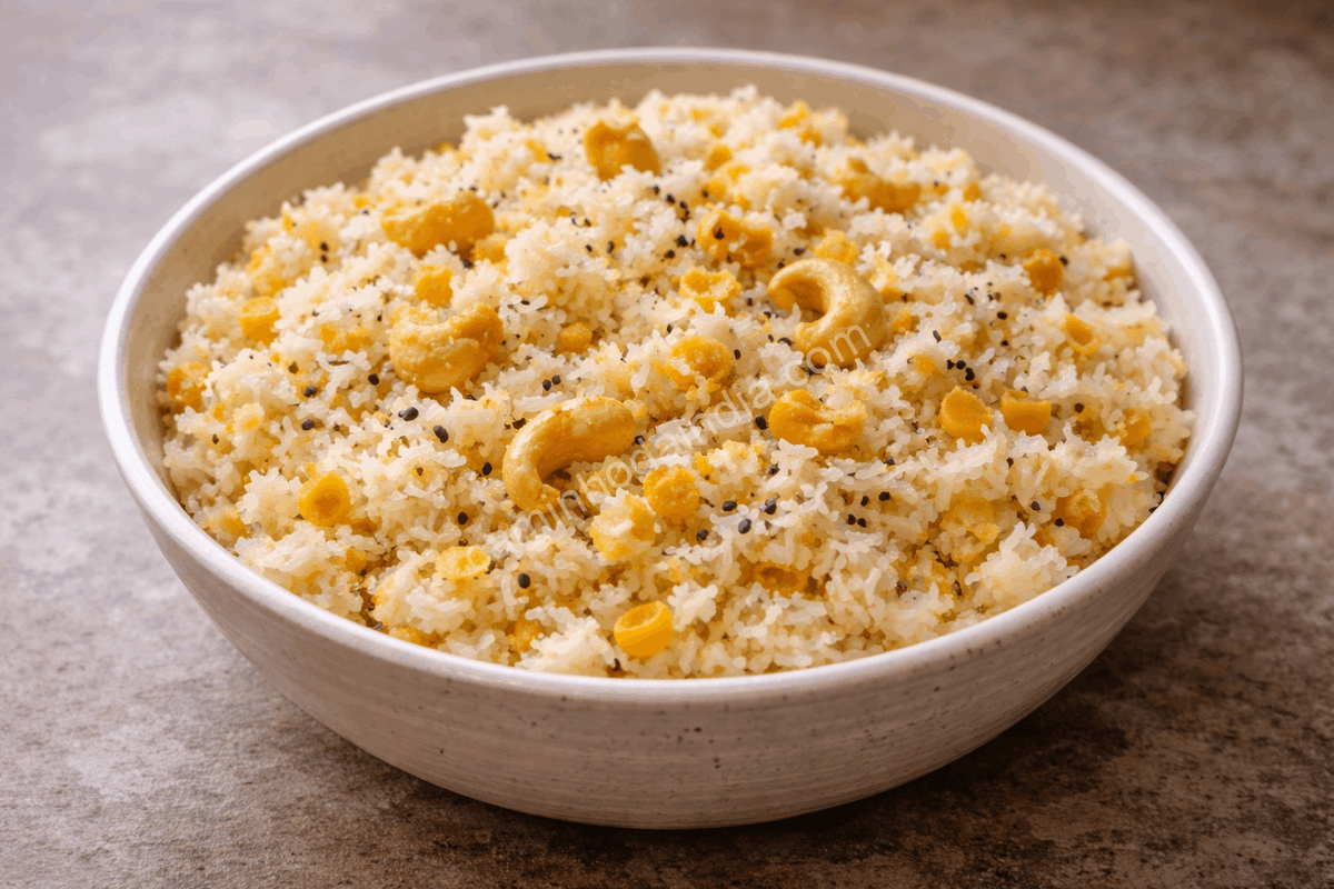 khichdi-com-coco-ralado-servido Khichdi preparado com coco ralado servido em tigela tradicional