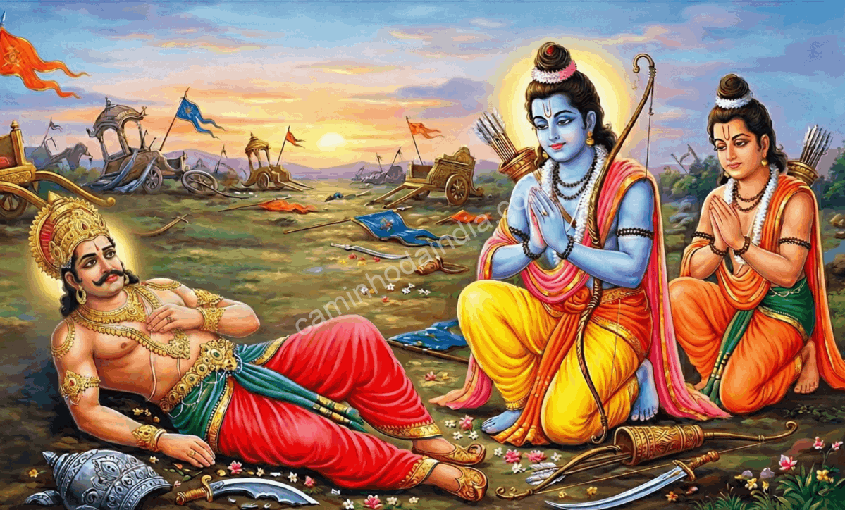 rama-respeita-ravana-e-orienta-lakshmana-sobre-rajdharma Rama presta respeito a Ravana em seus últimos momentos e orienta Lakshmana a aprender sobre Rajdharma