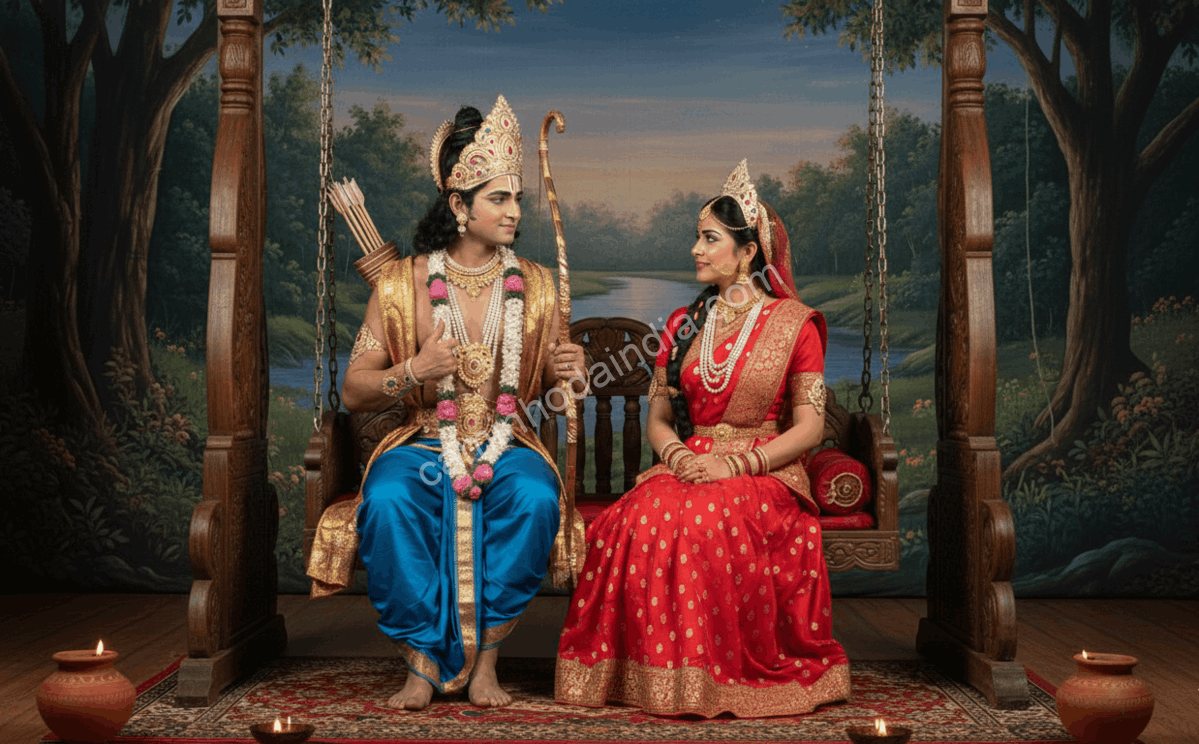 Cena com Rama e Sita durante apresentação de Ramlila em Ayodhya no festival de Ram Navami