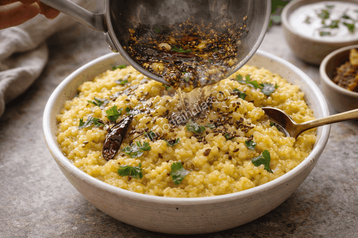 tempero-quente-sobre-khichdi-tadka Tempero quente sendo despejado sobre khichdi recém-preparado em uma tigela