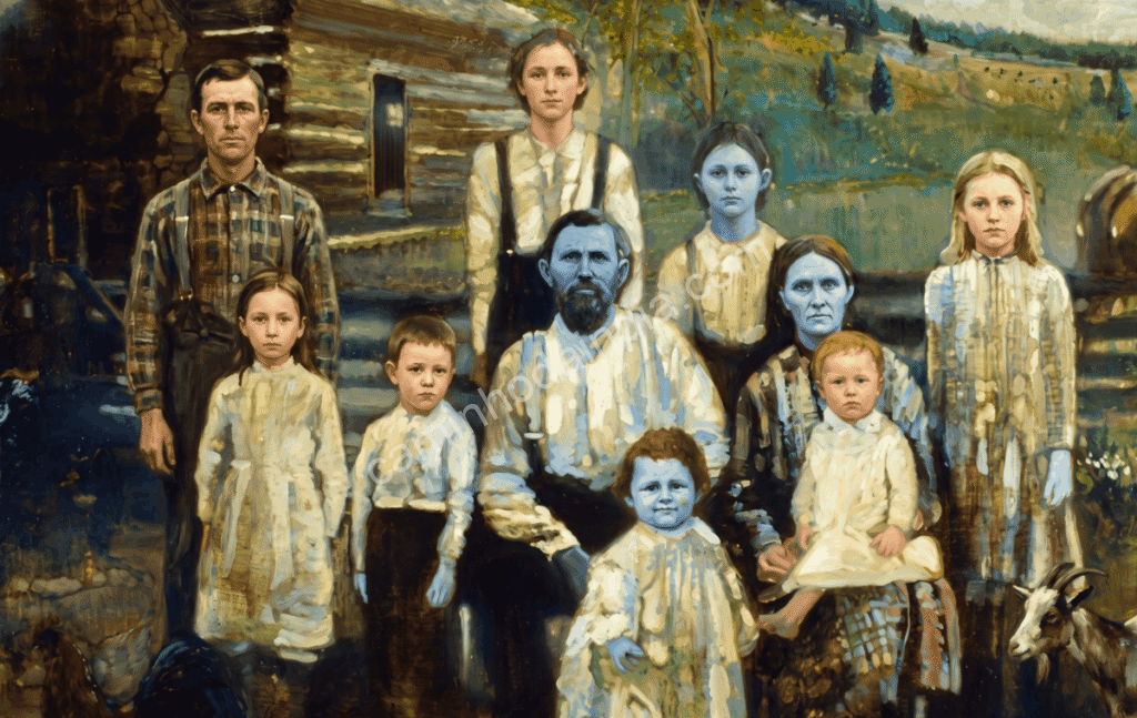 familia-fugate Uma pintura da família Fugate, com alguns membros apresentando pele de coloração azul devido a um raro distúrbio sanguíneo recessivo chamado meta-hemoglobinemia hereditária